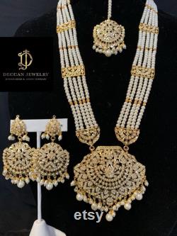 Jia Punjabi jadau rani haar with earrings tika in pearls , Indian jewellery