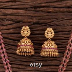 Kemp Long Necklace Lakshmi Ruby Matte Gold Necklace one gram gold jewelry Haram necklace South Indian Jewelry Indian long Necklace