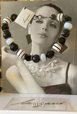 LANGANI Marked Handmade BlackandWhite Acrylic Handpainted Wood and Polaris Beads and Silvery Acrylic Disks European Fashion Designer Necklace