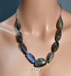 LP 1751 Labradorite, Blue Gray, Elongated Faceted, Nugget Necklace, Blue Kyanite, Oxidized Sterling Silver Beads And Chain Necklace