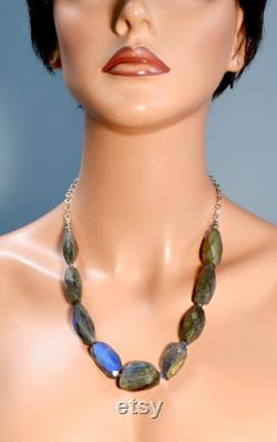 LP 1751 Labradorite, Blue Gray, Elongated Faceted, Nugget Necklace, Blue Kyanite, Oxidized Sterling Silver Beads And Chain Necklace