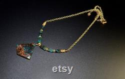 LP 1885 Blue Peruvian Opal, Petrified Fossilized Wood With Native Copper, Geometric Pendant Necklace ,Vermeil Daisies, 14KGF Necklace