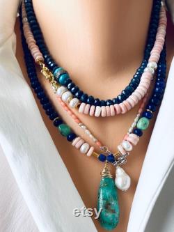 Lapis Lazuli, Chrysoprase and Pink Opal Necklace with Vermeil, Gold Plated Silver, Bali Beads Accents, Mother's Day Gift