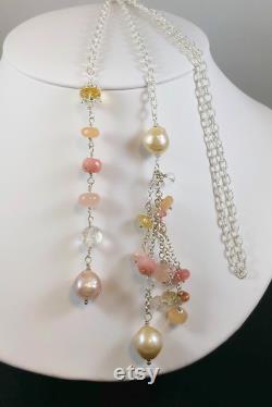 Lariat necklace, Sterling chain, multi gemstones 34 morganite, pink opal, Citrine moonstone pearl sterling chain. One of a kind. Handmade