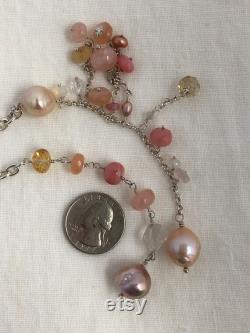 Lariat necklace, Sterling chain, multi gemstones 34 morganite, pink opal, Citrine moonstone pearl sterling chain. One of a kind. Handmade