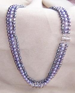 Lavender and Grey Freshwater Pearl 3 strand hand knotted Necklace