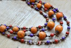 Layered boho necklace Burnt orange multistrand necklace Clothing gift Long fall necklace Polymer clay jewelry Boho chic jewelry