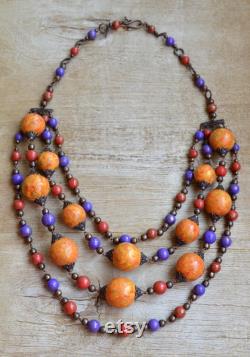 Layered boho necklace Burnt orange multistrand necklace Clothing gift Long fall necklace Polymer clay jewelry Boho chic jewelry