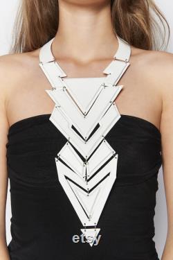 Leather Statement Necklace, Futuristic Jewelry, Leather Jewelry, Art Necklace, Long Necklace, Black Extravagant Necklace, White Necklace