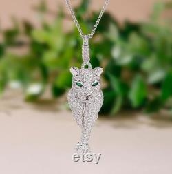 Leopard Necklace, Wedding Pendant, Pendant Without Chain, 14K White Gold Necklace, 1 Ct Emerald Diamond Necklace, anniversary Pendant