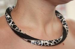 Leopard necklace beaded, monochrome boho bohemian choker, Necklace gift for wife, statement animal print jewelry for women