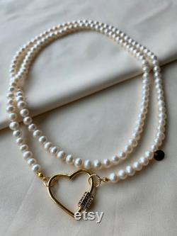 Long Handmade Freshwater Pearl Necklace with Heart Closure