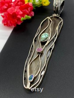 Long Unique Artisan Handmade gemstone pendant Agate with Carico Lake Turquoise Pink Tourmaline and Australian opal pendant OOAK
