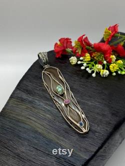 Long Unique Artisan Handmade gemstone pendant Agate with Carico Lake Turquoise Pink Tourmaline and Australian opal pendant OOAK