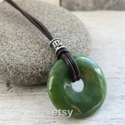 Mans Jade Donut necklace. Mans Jade pendant on leather. AA grade, dark Jade Zodiac star sign necklace for him,