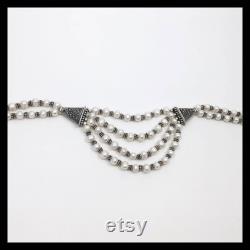 Marcasite and Prearls necklace, Three Strands of South African Fresh Water Pearls with Marcasite Components and Oxidized Silver Beads