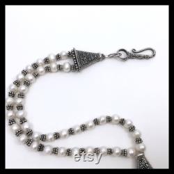 Marcasite and Prearls necklace, Three Strands of South African Fresh Water Pearls with Marcasite Components and Oxidized Silver Beads