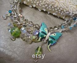 Mariposa Hermosa Butterfly Choker Necklace Vintage Assemblage Turquoise Enamel Brilliant Aurora Crystals Aqua Peach Boho Wedding
