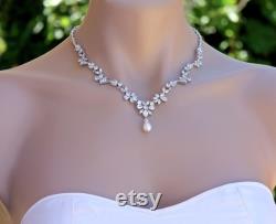 Marquise Crystal Bridal Necklace, Pearl Drop Crystal Necklace, Crystal Bridal Jewelry, Wedding Necklace, Crystal Wedding Jewelry, ASHLEY