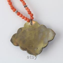 Mediterranean salmon coral bead necklace with antique coin silver coral pendant, 18 inches. nlja917