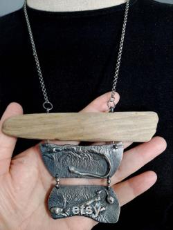 Modernist artisan statement oxidized raw sterling silver driftwood industrial steampunk brutalist pendant necklace. tribalgallery.