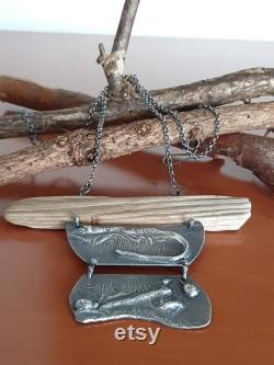 Modernist artisan statement oxidized raw sterling silver driftwood industrial steampunk brutalist pendant necklace. tribalgallery.