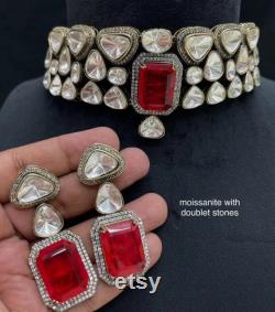 Moissanite Necklace,Sabyasachi choker,Red Stone Necklace Uncut Kundan choke Fine Quality Vicrtorian Silver Foiled Moissanite Polki bridal