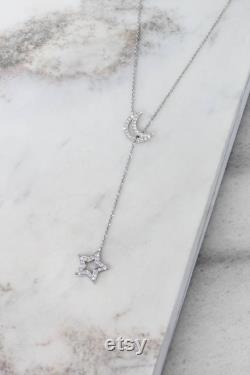 Moon Star Lariat, Diamond Lariat Necklace, Crescent Moon Charm, Real Gold Necklace, Diamond Star Lariat, Lariat Jewelry, Anniversary Gift