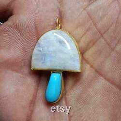Moonstone and Turquoise Handmade Mushroom Pendant, Magic Mushroom Pendant, 14K Gold Vermeil Designer Mushroom Pendant Jewelry