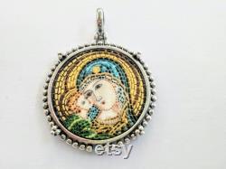 Mother Mary and Baby Jesus micro mosaic pendant in solid silver 925