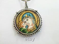 Mother Mary and Baby Jesus micro mosaic pendant in solid silver 925