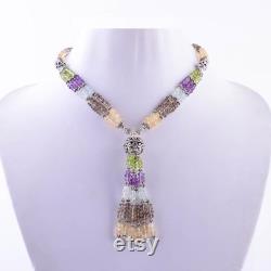 Multi Color Beaded 925 Sterling Silver Necklace Jewelry Party Wear Necklace Gemstone Jewelry