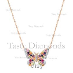 Multi Colored and Diamond Butterfly Necklace 14k Gold Butterfly Necklace Handmade Minimalist Jewelry Gifts
