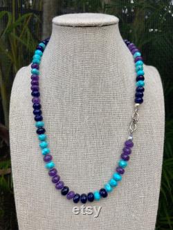 Multi Gemstone Hand Knotted Silk Necklace, Turquoise and Jade Sterling Silver Necklace