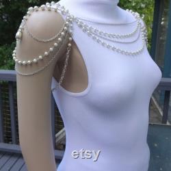 Multi Strand White or Ivory Pearl and Silver Chain Bridal Wedding Shoulder Necklace