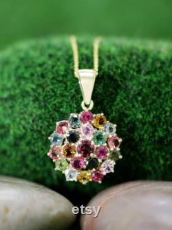 Multicolor Tourmaline Cluster Pendant Prong Setting Solid 14K Yellow Gold 14KY Fine Jewelry Free Shipping