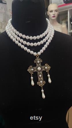 Multistrand pearl necklace, Baroque cross necklace, Christian pearl necklace, Baroque jewellery, Renaissance jewellery, Rococo necklace