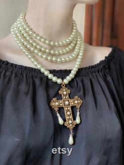 Multistrand pearl necklace, Baroque cross necklace, Christian pearl necklace, Baroque jewellery, Renaissance jewellery, Rococo necklace