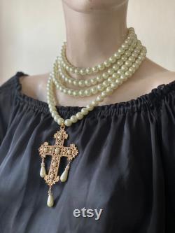 Multistrand pearl necklace, Baroque cross necklace, Christian pearl necklace, Baroque jewellery, Renaissance jewellery, Rococo necklace