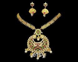 NP2601 Gold Plated Multicolored CZ Beautiful Long Haram American Diamond Indian Wedding Bridal Necklace Earrings Pearl Handmade Bijoux
