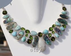 Natural Avalon, Larimar, moonstone and Peridot gemstone handmade silver plated necklace.