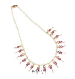 Natural Burma Ruby Pearl Diamond 20K Gold Necklace With GIA