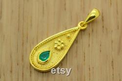 Natural Emerald Pendant, 14K Yellow Gold, Etruscan Pendant, Byzantine Pendant, Greek Pendant, Filigree Pendant, Greek Jewelry, Gemstone