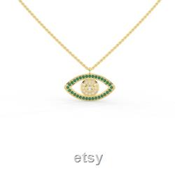 Natural Emerald and Diamond Evil Eye Pendant, 14K Gold Evil Eye, Protection Charm Pendant