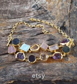Natural Raw Multiple Semi Precious Gemstones Necklace, 18k Gold Plated Jewelry, Handcrafted Jewelry, Christmas Gifts, Ready To Ship, Gypsy