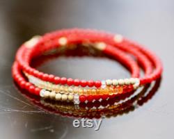 Natural Red Coral Fire Opal Long Necklace Wrap Bracelet 14K Gold Filled , May October Birthstone , 22nd 35th Anniversary