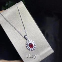 Natural Ruby Double Halo Pendant Necklace-Ruby Gemstone Necklace-July Birthstone Necklace-Red Gemstone Necklace-Sterling Silver-Gift for her