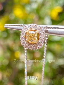 Natural Untreated Intense yellow diamond and white diamonds 14K white gold pendant with chain