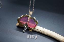 Natural Watermelon Tourmaline, Bi-Color Tourmaline Pendant, Tourmaline Tree Pendant, 18K Yellow Gold Pendant, Diamond Tree Charm