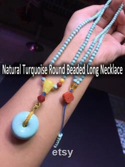 Natural high quality turquoise round cut beads long necklace hand carved lucky jewelry
